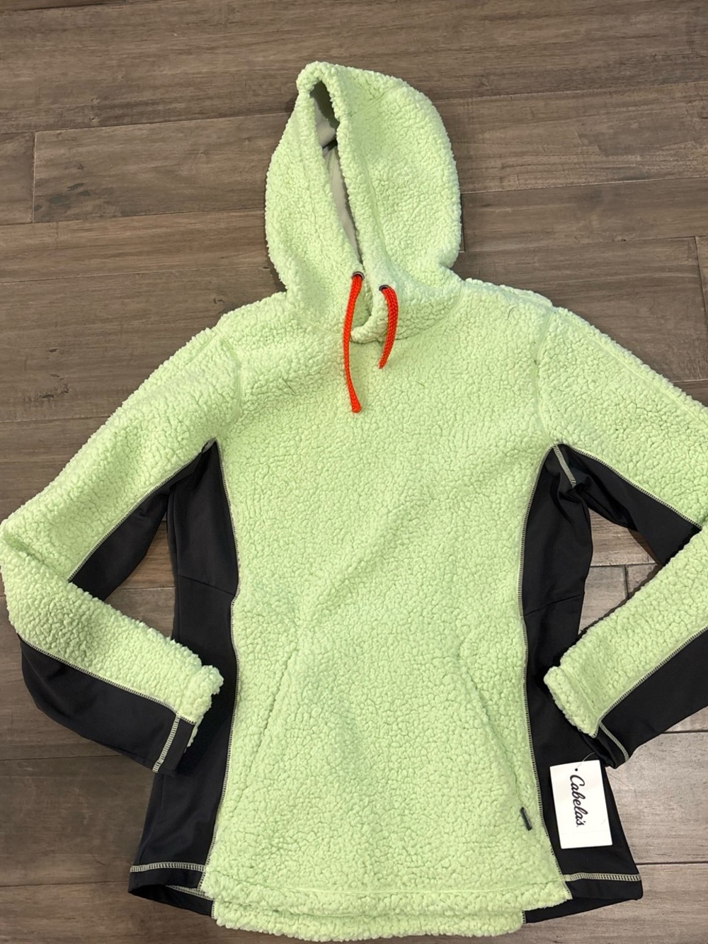 Cabela's Light Green Sherpa Hoodie with Black Panels and Orange Drawcord